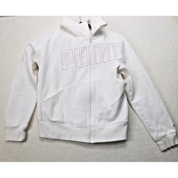 Puma White Hoodie Purple Stitching applique logo Asymmetrical W xl full zip - Picture 2 of 11